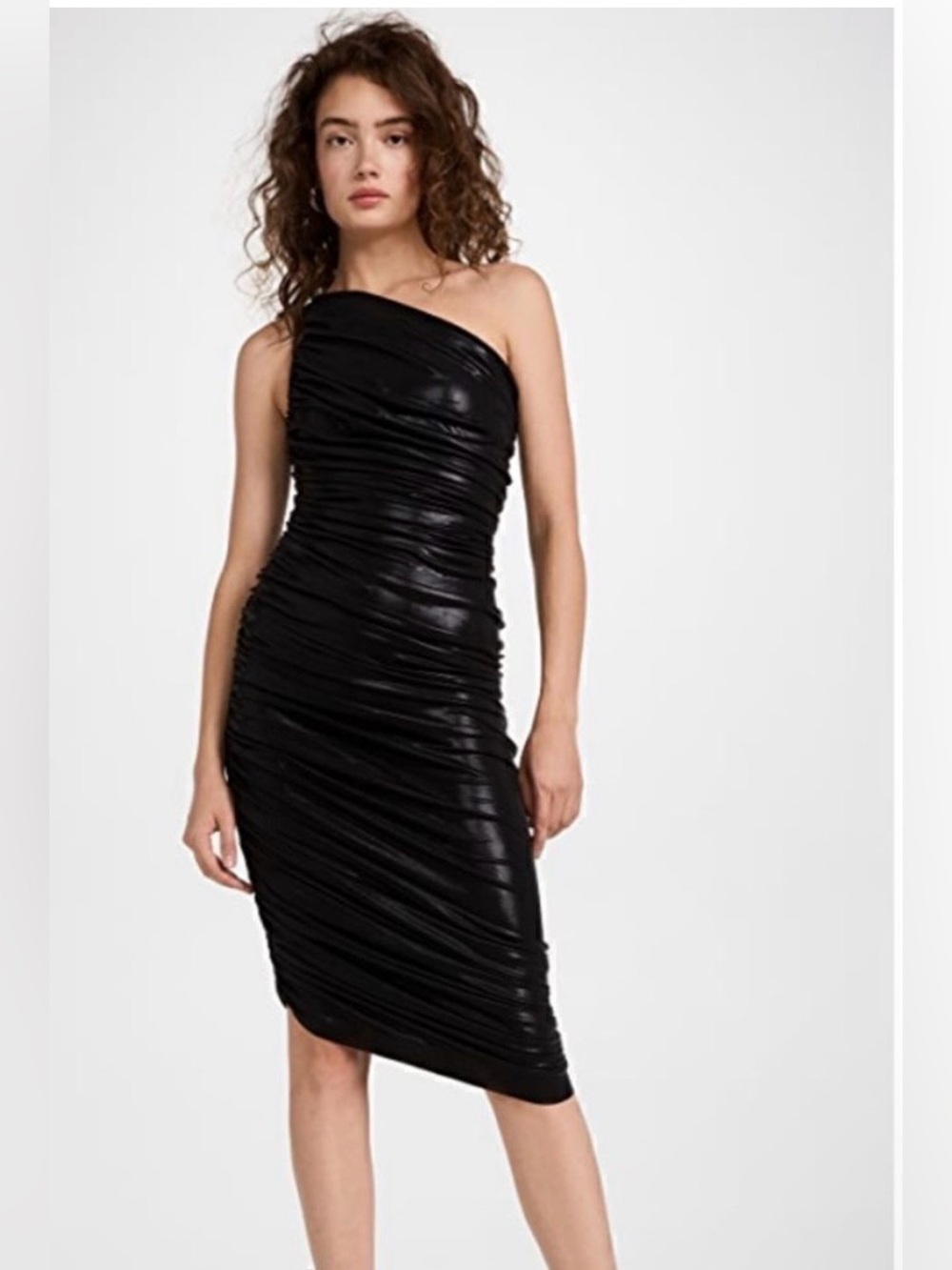 Norma Kamali Diana Dress To Knee Black One-Shoulder rusched event night out NEW